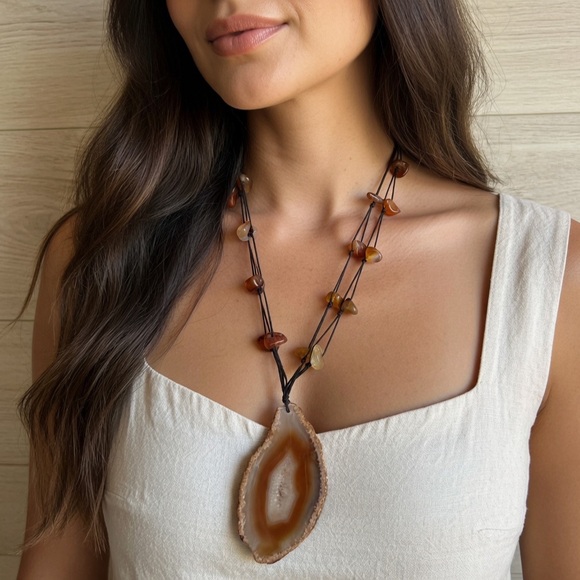 Source Unknown Jewelry - Handmade Banded Agate Slice Pendant Carnelian Stone Beaded Necklace